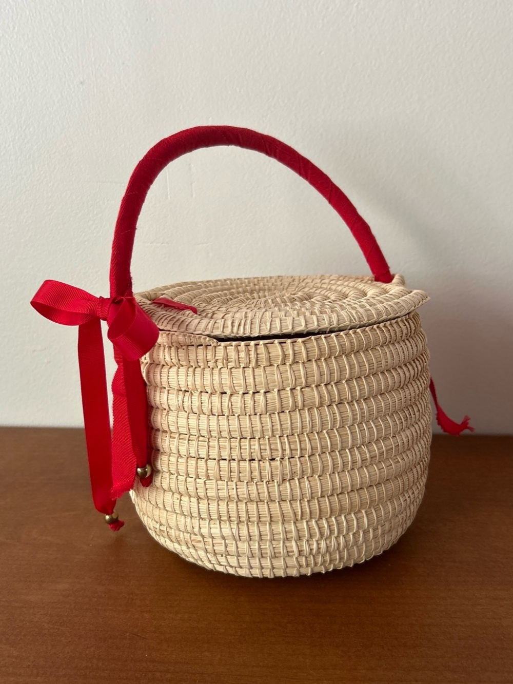 Banana Republic Natural Straw Basket Bag with Red Handle